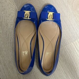 Salvatore Ferragamo Royal Blue Patent Ballet Flats with Gold Accent